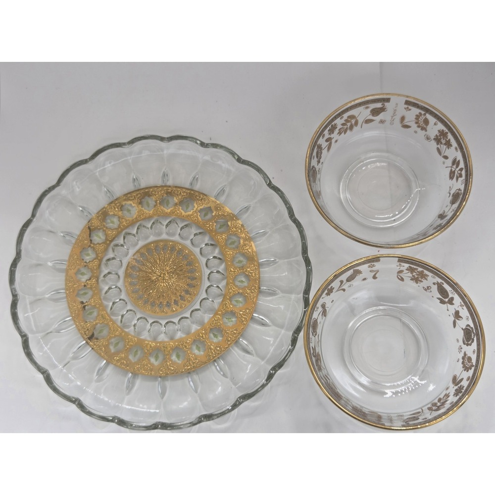 Vtg MCM Culver 1960s 22K Gold Valencia Platter & 2 Chantilly Appetizer Bowls